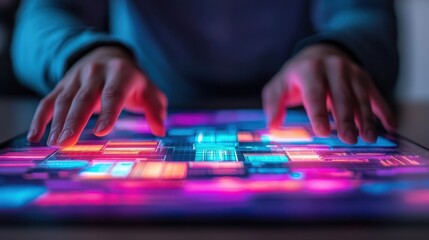 Naklejka premium A person interacts with a vibrant, illuminated touchscreen, showcasing colorful graphics and data in a modern tech environment.