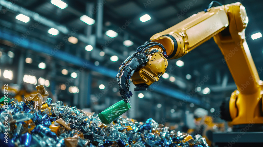 Poster A robot is picking up a green bottle from a pile of trash