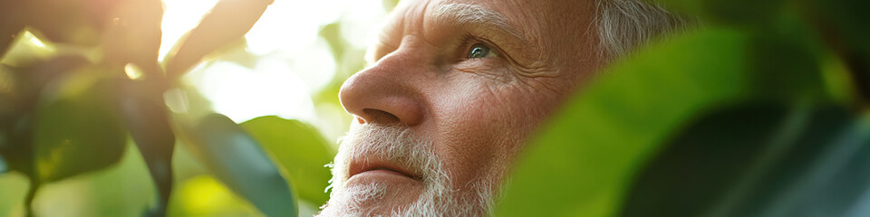 Naklejka premium Close-up of Senior Man's Face Partially Hidden by Green Leaves