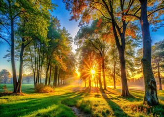 Golden Morning Sunlight Filtering Through Trees - Nature Stock Photo