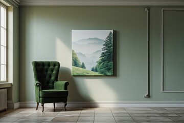 Obraz premium Mockup scene of a square canvas hanging on a wall with a fancy dark green armchair in front of it. 