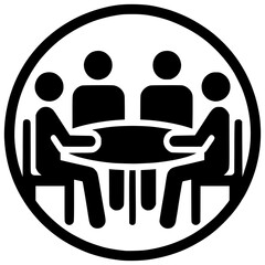 Team Meeting Icon: A simple yet effective icon depicting four individuals seated around a circular table, symbolizing collaboration, discussion, and teamwork. The design is clean, minimalist.