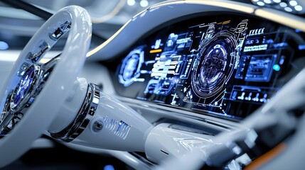 A futuristic car dashboard with a blue screen and a steering wheel