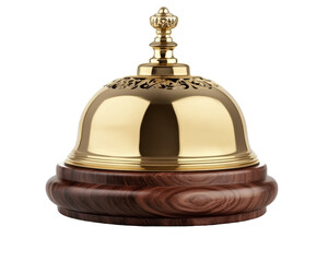 Isolated Tasteful Elegant Golden Hotel Reception Bell Placed on a Wooden Base for Attentive Customer Service