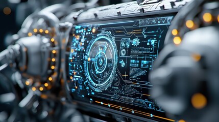 A futuristic dashboard with a blue screen that has a circle on it