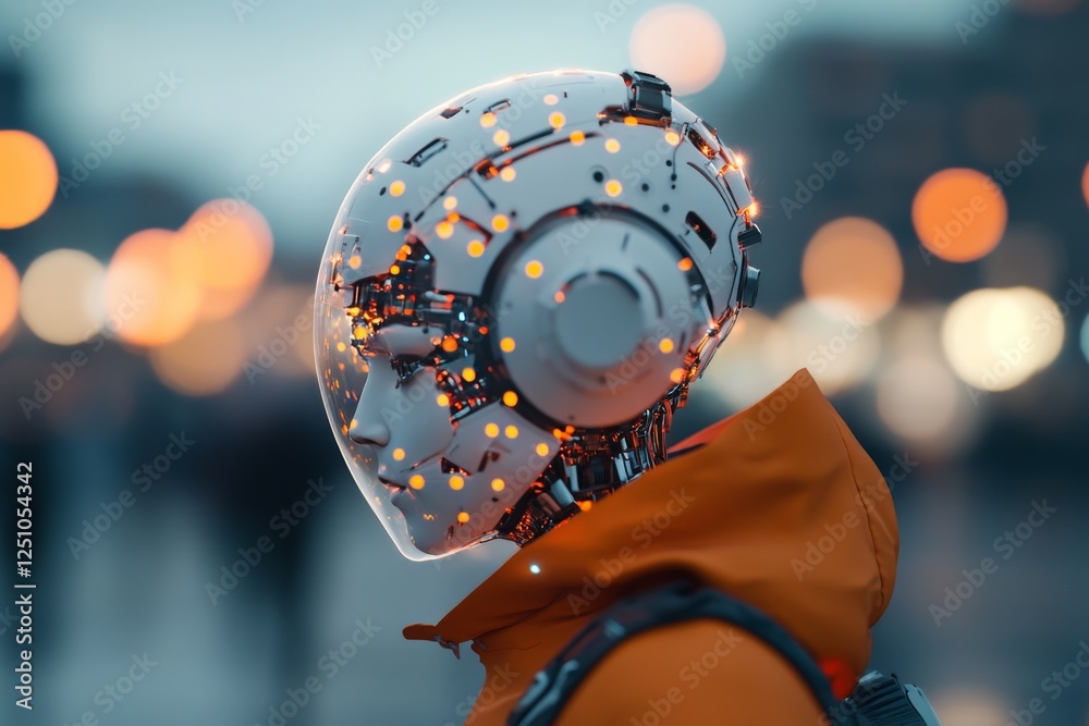 Poster futuristic robot with illuminated circuits in an urban setting during twilight hours