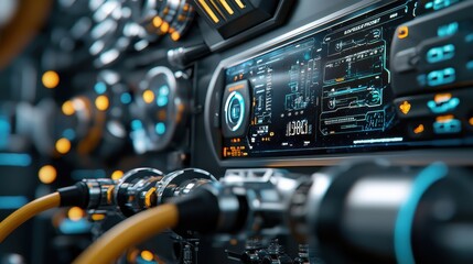 A futuristic dashboard with a large screen displaying a variety of buttons