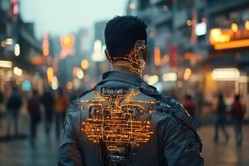 Futuristic figure walks through neon-lit city streets at dusk with visible cybernetic enhancements