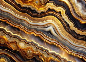 Luxurious Dark Agate Marble & Golden Quartz Background: Polished Stone Texture with Natural Stripes