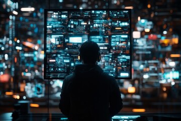 Obraz premium Person analyzing data on a large screen in a high-tech workspace during nighttime