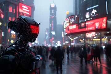Futuristic robot in a bustling urban environment during a rainy night with glowing advertisements and crowds