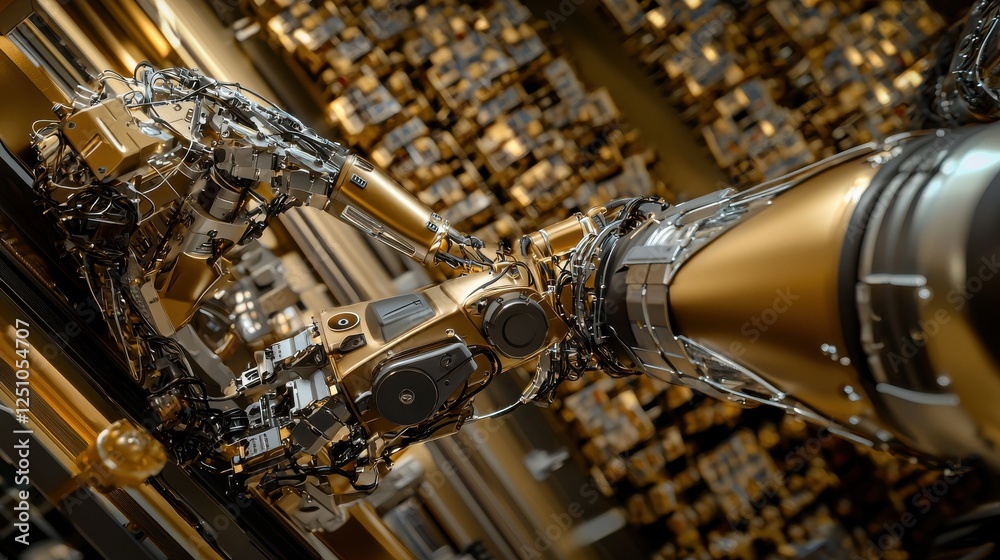 Poster a robot arm is shown in a gold color with a black and silver background