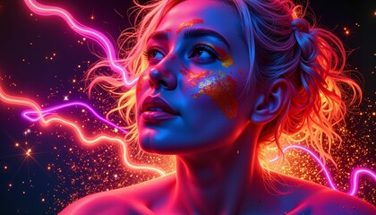 Portrait of woman with glowing makeup against colorful background