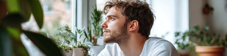 Obraz premium Young Man Looking Out Window with Indoor Plants