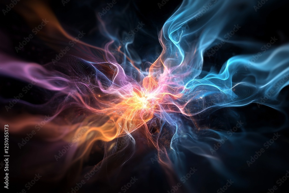 Poster colorful swirling patterns and light effects create a mesmerizing abstract composition in dark backg