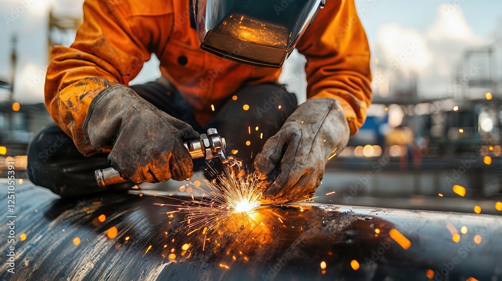 Poster a man in an orange jacket is working on a pipe, surrounded by sparks