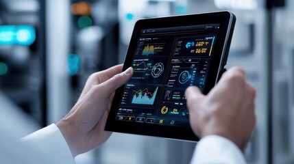 A person is holding a tablet with a screen displaying various graphs and numbers