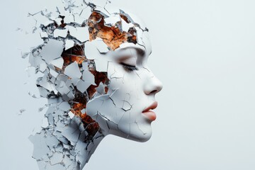 Female face with shattered surface revealing warm colors behind, showcasing a surreal and artistic portrayal of identity and transformation