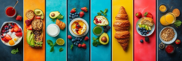 Colorful Healthy Breakfast Options Collage Eggs, Fruit, Smoothies, Yogurt, Croissants, and Granola
