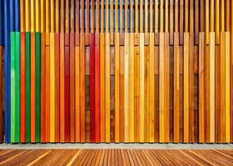 Obraz premium Modern Wooden Wall Architecture: Slatted Design & Wooden Floor - High-Resolution Stock Photo