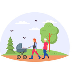 multi-generational family enjoying  walk together concept, changing roles within families shared responsibility of raising children vector design Love romance banner Valentine Day Scene human relation