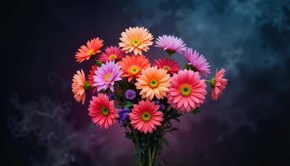 Colorful bouquet of gerbera daisies against dark background