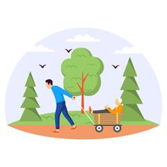 younger man assisting older man while seated in wooden wagon cart concept, caregiver son and father giving thumbs-up gesture vector design, Love romance banner, Valentines Day Scene human relationship
