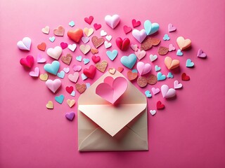 Overflowing Love Letter Envelope with Paper Hearts - Valentine's Day Flat Lay
