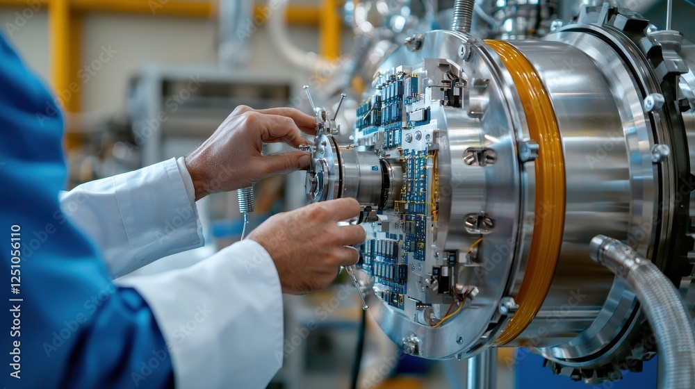 Poster a man is working on a machine with a yellow and silver casing
