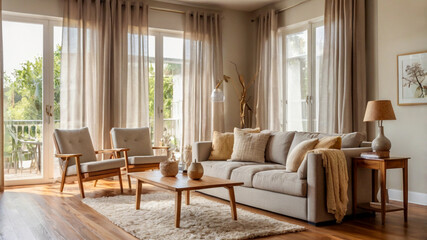 Modern home interior softly blurred with natural sunlight creating a warm ambiance.