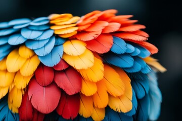 Obraz premium Colorful feathers of a tropical bird displayed prominently in close-up view showcasing vibrant hues of blue, yellow, and red