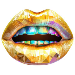 Isolated Faceted Golden Lips with Holographic Shine, Digital Beauty Art