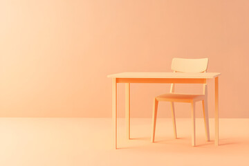 a simple desk with a chair in a minimalistic interior design, peach-colored background