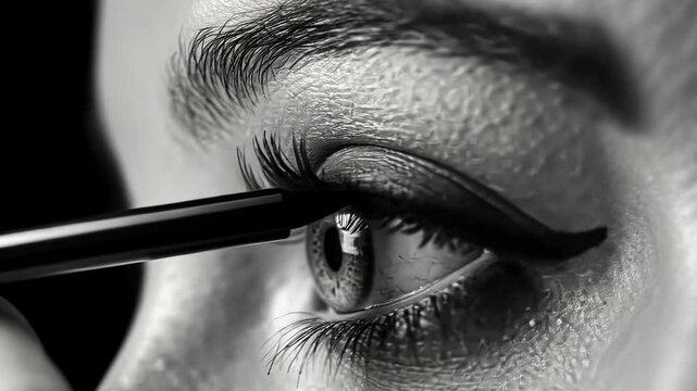 Close-up woman applying eyeliner, dark background, beauty tutorial