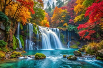 Naklejka premium Serene Night Waterfall in Lush Forest - Magical Moonlight Illuminates Cascading Water
