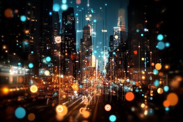 Fototapeta premium City skyline illuminated at night with vibrant lights and abstract sparkles creating a lively urban atmosphere