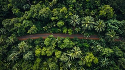 Aerial View of a Lush Tropical Forest Landscape with Winding Road and Vibrant Greenery