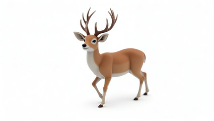 Fototapeta premium A cartoon deer, light brownish-tan in color, is positioned in the middle of the image against a plain white background.