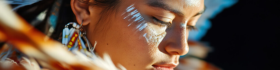 Portrait of Woman with Face Paint and Feathered Headdress