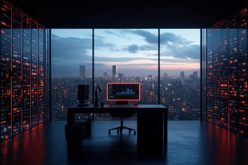 Fototapeta premium Modern workspace with city skyline view at dusk showcasing advanced technology and data analysis