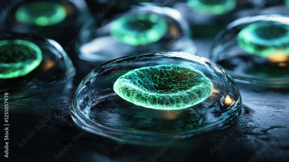 Poster a group of green spheres are floating in a dark background