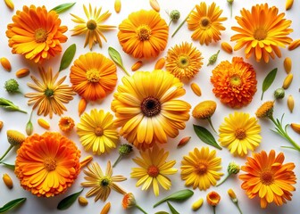 Vibrant Calendula Petals Scattered on White Background - Top View Stock Photo