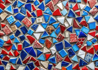 Vibrant Blue, Red & White Mosaic Tile Art - Colorful Abstract Background Texture