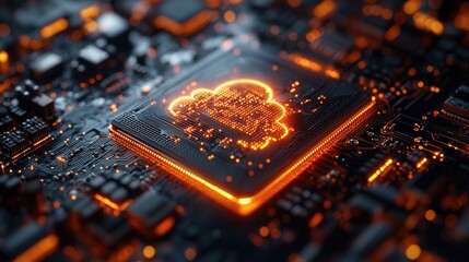 A close-up view of a computer circuit board featuring a central processing unit (CPU) with a glowing blue cloud icon that symbolizes cloud computing.