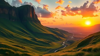 "Create a breathtaking digital painting of a vibrant green valley at sunset. The scene features rolling hills covered in lush grass, winding trails, and a towering cliff overlooking the vast landscape