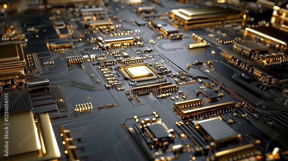 Poster a close up of a computer chip with gold colored components