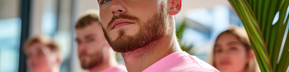 Close-up Portrait: Man with Beard in Pink Shirt