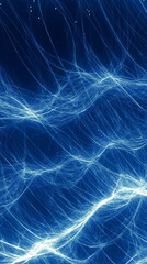 Fototapeta premium Abstract geometric pattern forming a dreamy landscape with neon blue waves flowing across a dark background, creating a mesmerizing visual experience