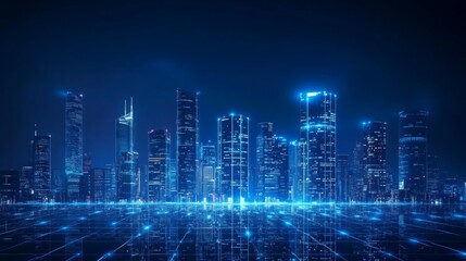 Cybernetic Metropolis, A Futuristic Skyline Awash in Neon Blue Connectivity Aesthetics