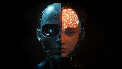 Split Half-Human and Half-Robot Head with Glowing Brain and Lights, AI Concept, Dark Background, Futuristic Design.